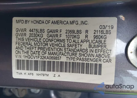 2019 Honda Accord Sport from USA, damaged, VIN 1HGCV1F32KA069857